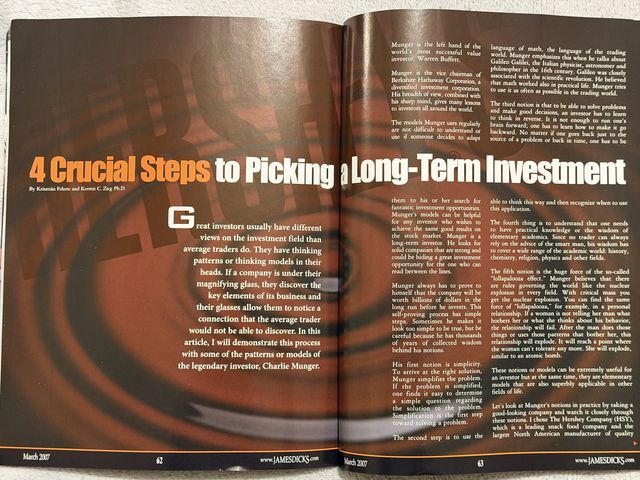 Opening spread of the article “4 Crucial Steps to Picking a Long-Term Investment”, pages 62–63. Click to enlarge.